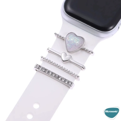 Microsonic Apple Watch 9 45mm Kordon Süsü Charm İnci Kalp Gümüş