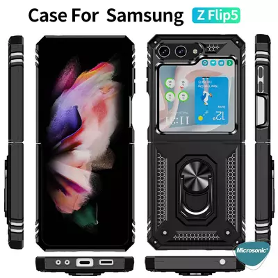 Microsonic Samsung Galaxy Z Flip 5 Kılıf Military Ring Holder Siyah