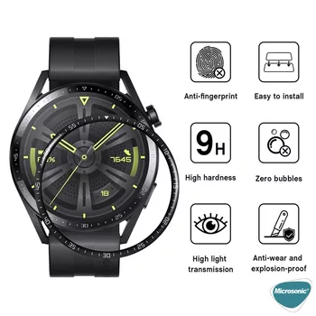 Microsonic Huawei Watch GT3 46mm Tam Kaplayan Temperli Cam Full Ekran Koruyucu Siyah