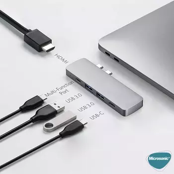 Microsonic Type-C to HDTV Multifunction Adapter 5 Port Macbook HDMI, USB, Typ-C dönüştürücü Adaptör Kablo Gri