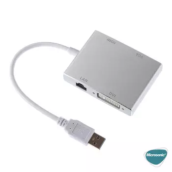 Microsonic USB 3.0 to VGA HDMI LAN DVI Adapter 4 in 1 USB Dönüştürücü Adaptör Kablo Gri